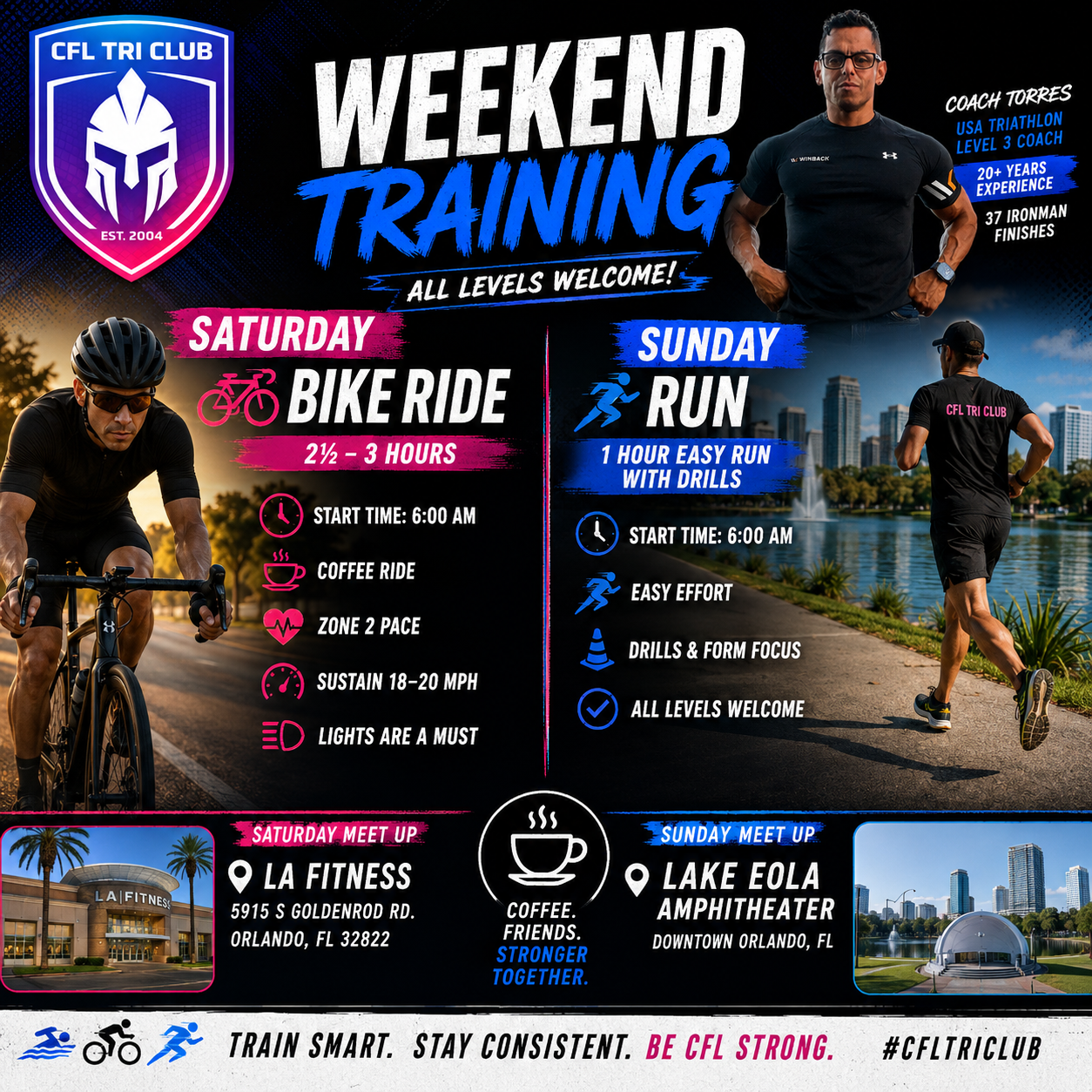 CFL Tri Club Weekend Training – Coffee Ride & Technique Run in Orlando | May Training Sessions